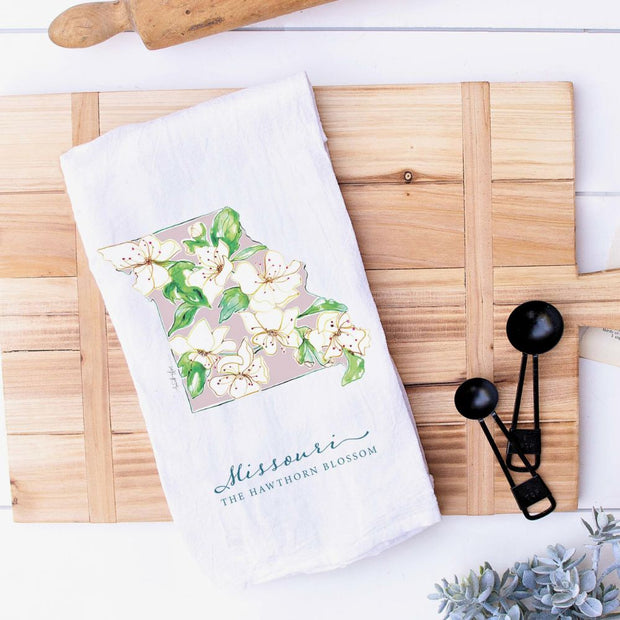 Missouri Hawthorn Blossom Flour Sack Tea Towel lifestyle on cutting board