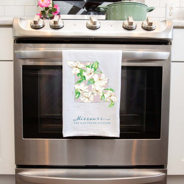 Missouri Hawthorn Blossom Flour Sack Tea Towel on oven door