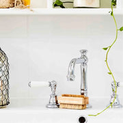 Natural Tampico Eco Max Premium Nail Brush next to a chrome faucet in bathroom