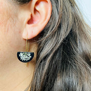Resin Half Moon Earrings with Queen Anne Flowers on Black on model