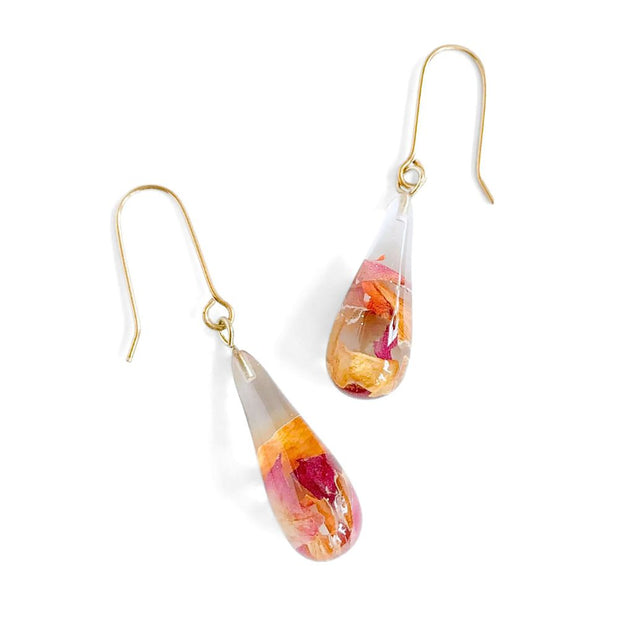 Clear Resin Tear drop Earrings with Rose Petals and Gold Leaf