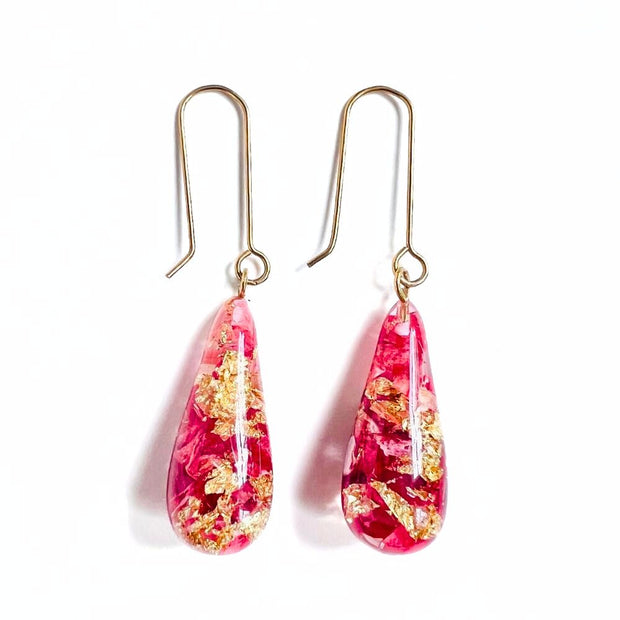 Resin Teardrop Earrings with Rose Petals and Gold Leaf