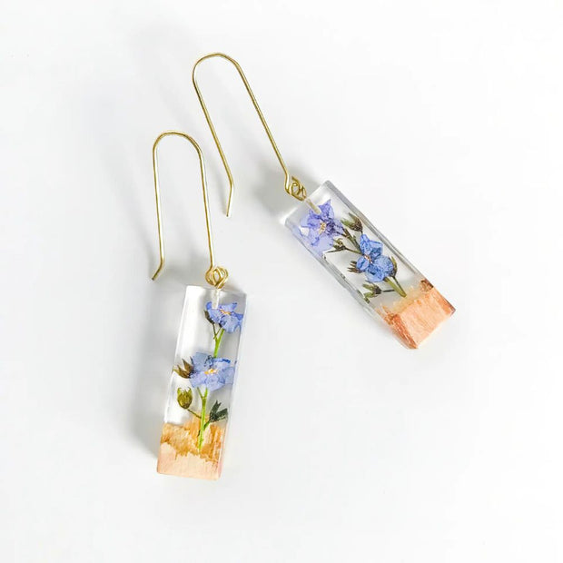 Resin Bar Earrings with Palo Santo and Forget-me-not Flowers