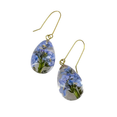 Clear Resin Dew Drop Earrings with suspended Forget-me-not Flowers