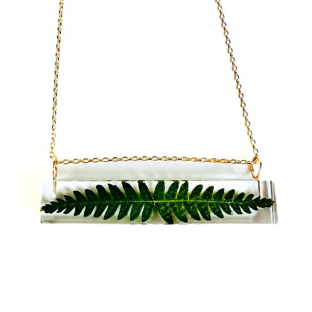 Clear Resin Bar Pendant Necklace with Fern