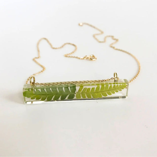 Clear Resin Bar Pendant Necklace with Fern detail