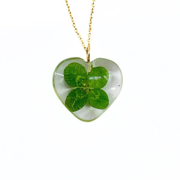 Clear Resin Four Leaf Clover Heart Pendant Necklace