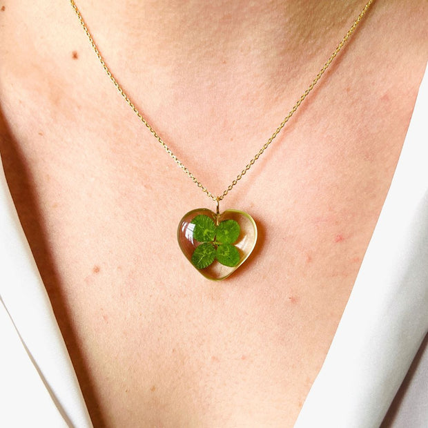 Clear Resin Four Leaf Clover Heart Pendant Necklace on model