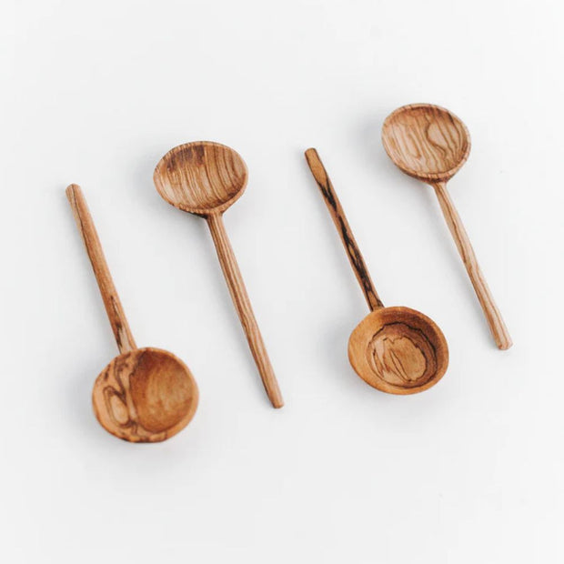 Set of four Hand-carved Olive Wood Coffee or Loose Tea Spoons showing different wood grains