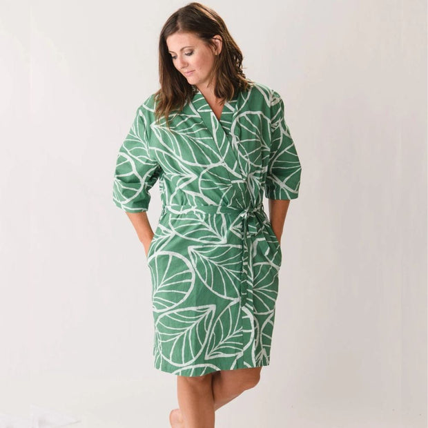 Organic Cotton Robe  in White Leaves Canopy Sage print