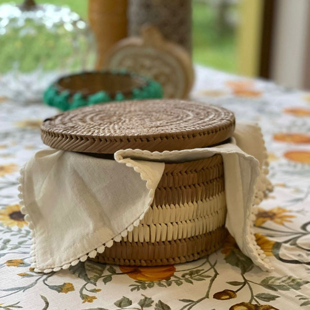 Palm Leaf Tortilla Basket with Lid closed with towel