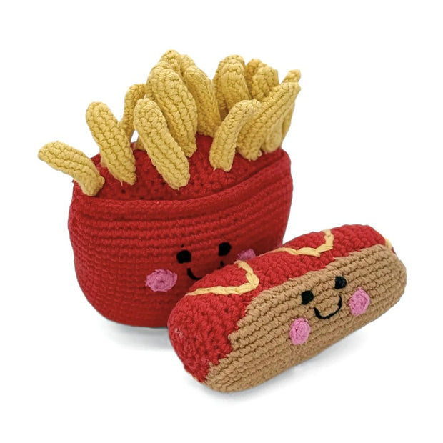 Crocheted friendly hot dog rattle and crocheted friendly basket of fries rattle