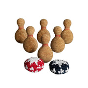 Puckaroo game setup with 6 cork pins and 2 table pucks