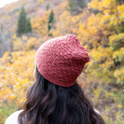 100% alpaca yarn hand-knitted Inca Beanie - Rose on model