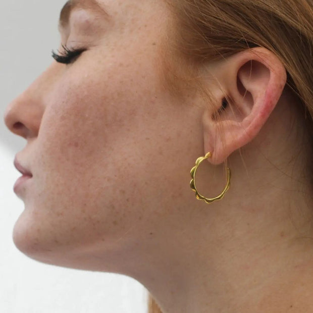Rover & Kin Luxe Gold Scalloped Hoop Earrings on model