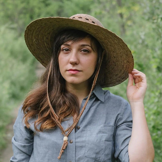 Ranch Lattice Palm Leaf Tula Hat on female model