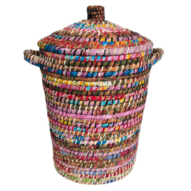 Kaisa Grass and Recycled Sari Lidded Hamper Basket