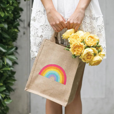 Reusable Jute Gift Tote Bag - Rainbow lifestyle filled with yellow flowers