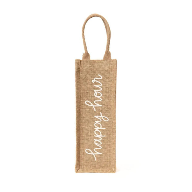 Reusable Jute Wine Tote - Happy Hour front view