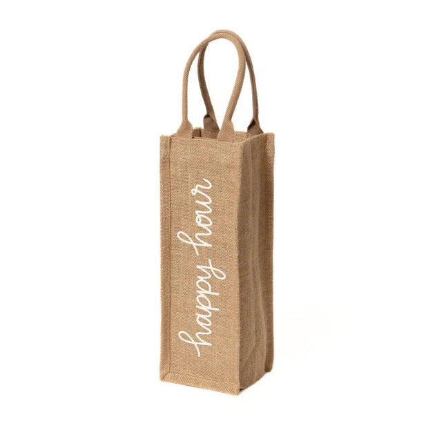 Reusable Jute Wine Tote - Happy Hour side view