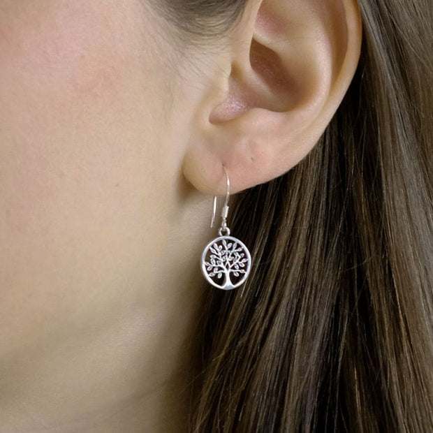Petite Tree of Life Sterling Silver Earrings on model