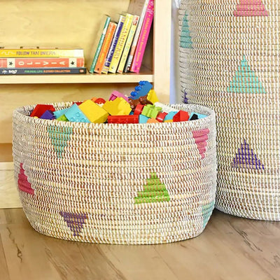 White Teranga Triangles Oval Knitting Basket filled with legos