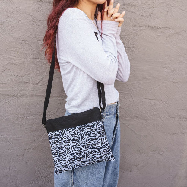 Screen Print Small Crossbody Bag - Botanical Black on model