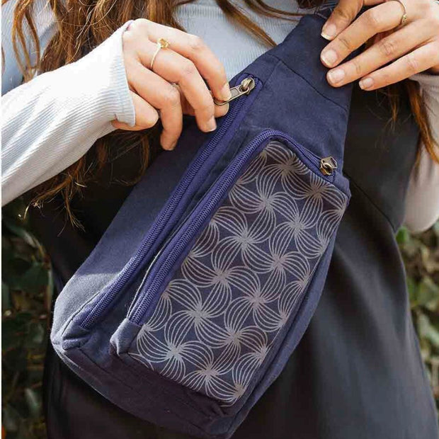 Cotton Canvas Mini Backpack Belt Bag - Navy on model closeup