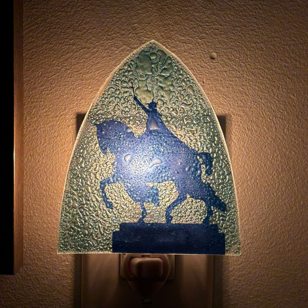 Night Light with Saint Louis Statue at Forest Park design with light on in dark room