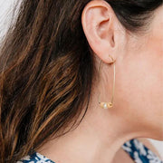 Close-up of a person wearing Savvy Hook Wood and Pearl Bead Earrings