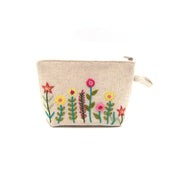 Small Wildflower Embroidered Cosmetic Pouch - cream front view