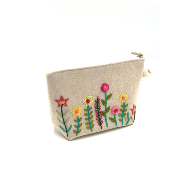 Small Wildflower Embroidered Cosmetic Pouch - cream side view