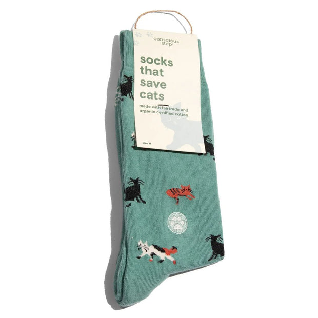 Pair of Conscious Step Socks That Save Cats - Teal Frisky Felines tagged
