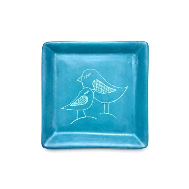 Square Soapstone Dish - Loving Adult and Baby Birds Pale Blue