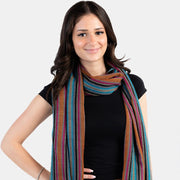 Multi Stripe Handwoven Bamboo Viscose Scarf - Black & Orange on model