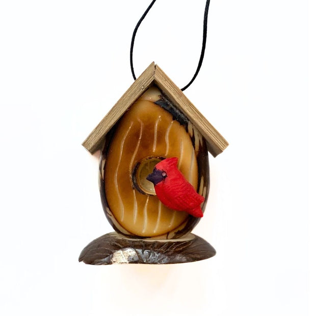 Tagua and Bamboo Birdhouse Ornament with a tiny Cardinal