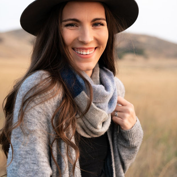 Tres Colores 100% Alpaca Fiber Infinity Scarf - Blue on female model closeup