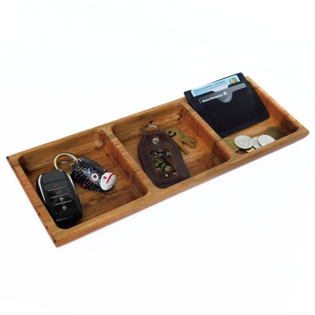 Oak Wood Triple Snack Serving Tray with car keys, wallet and coins