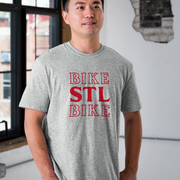 Unisex SS Premium Cotton Tee in Oxford Grey - BIKE STL BIKE on male model