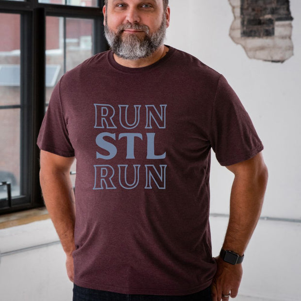Unisex Short Sleeve Triblend Tee in Wine - RUN STL RUN on male model