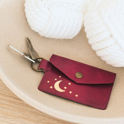 Indukala Moon and Stars Leather Card Holder Wallet - Berry with keys