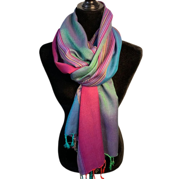 Striped Handwoven Bamboo Viscose Scarf - Plum & Emerald