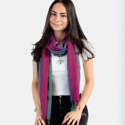 Striped Handwoven Bamboo Viscose Scarf - Plum & Emerald on model