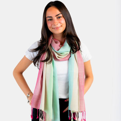 Wide Striped Handwoven Bamboo Viscose Scarf - Pink & Pistachio on model