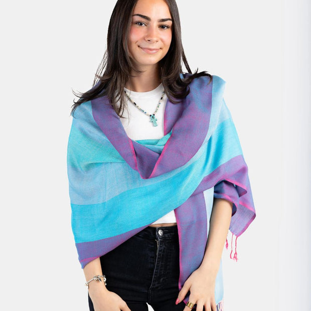 Wide Striped Handwoven Bamboo Viscose Scarf - Turquoise on model