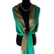 Wide Striped Handwoven Bamboo Viscose Scarf - Emerald & Green worn as shawl