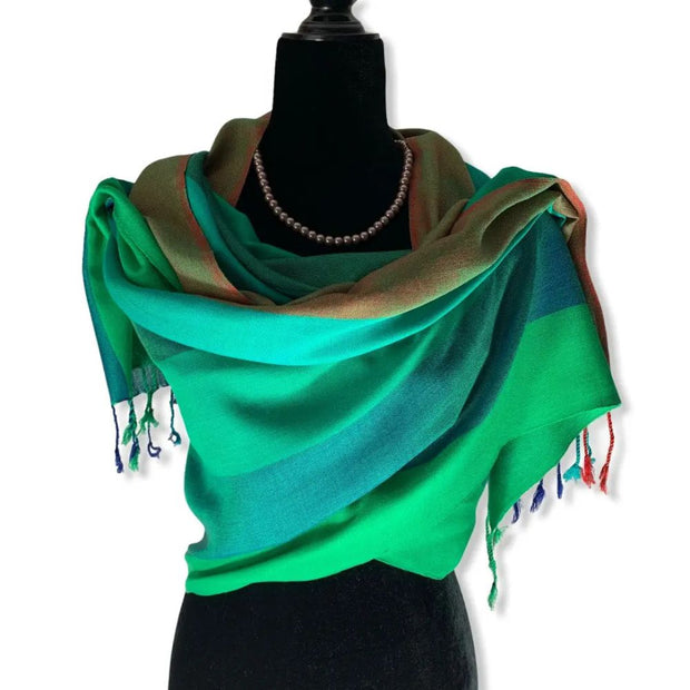 Wide Striped Handwoven Bamboo Viscose Scarf - Emerald & Green worn as shawl