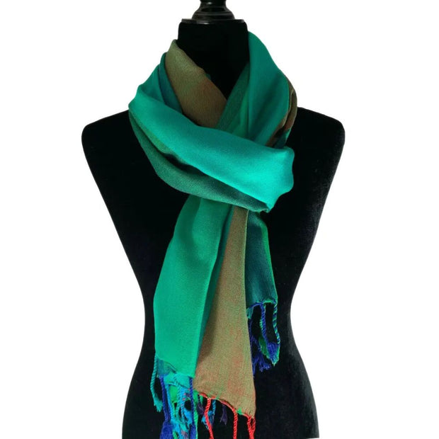 Wide Striped Handwoven Bamboo Viscose Scarf - Emerald & Green