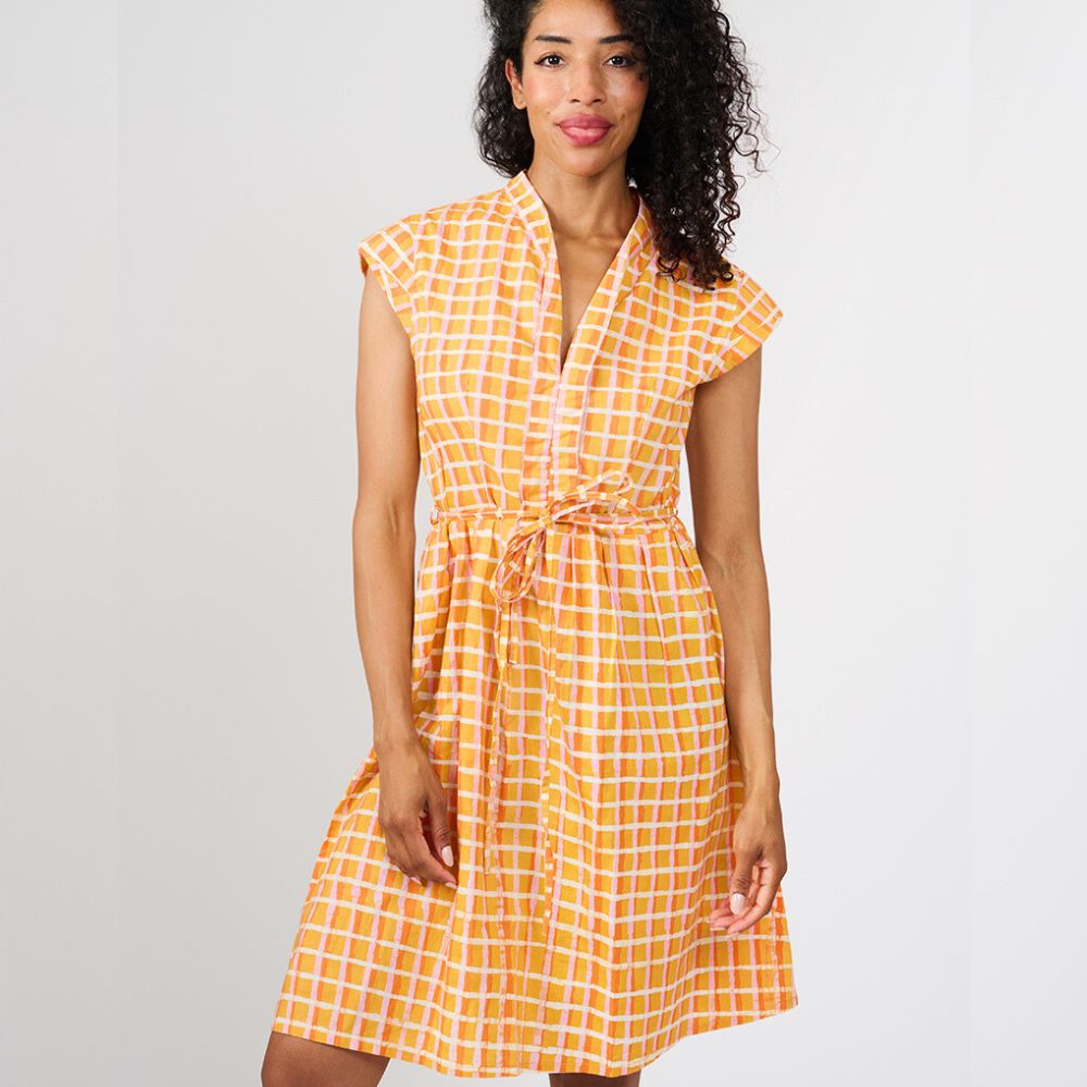 Hand-Batik Organic Cotton Retro Dress - Gold Plaid  Zee Bee Market LLC