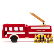 Wooden Fire Truck with 6 Firefighters Toy Set showing rescue ladder on top